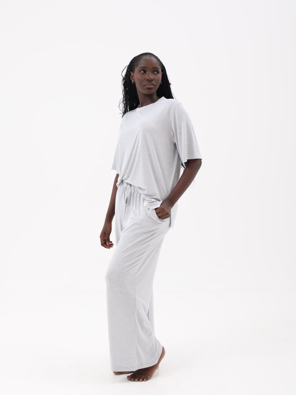 Silver grey tee and wide-leg trousers worn without the tunic
