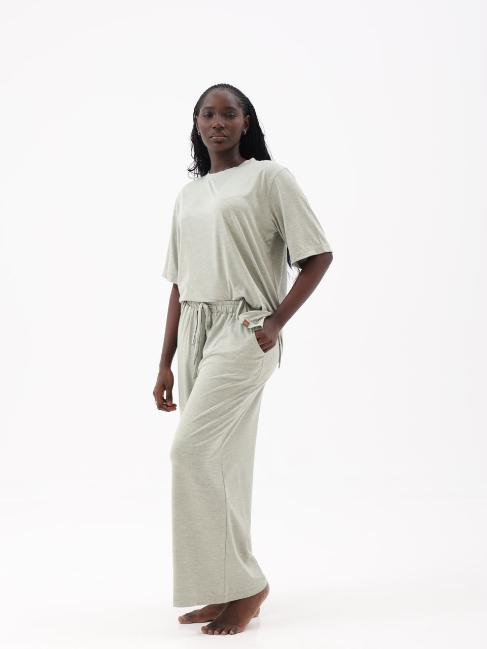 Sage tee and wide-leg drawstring trousers worn without the kimono