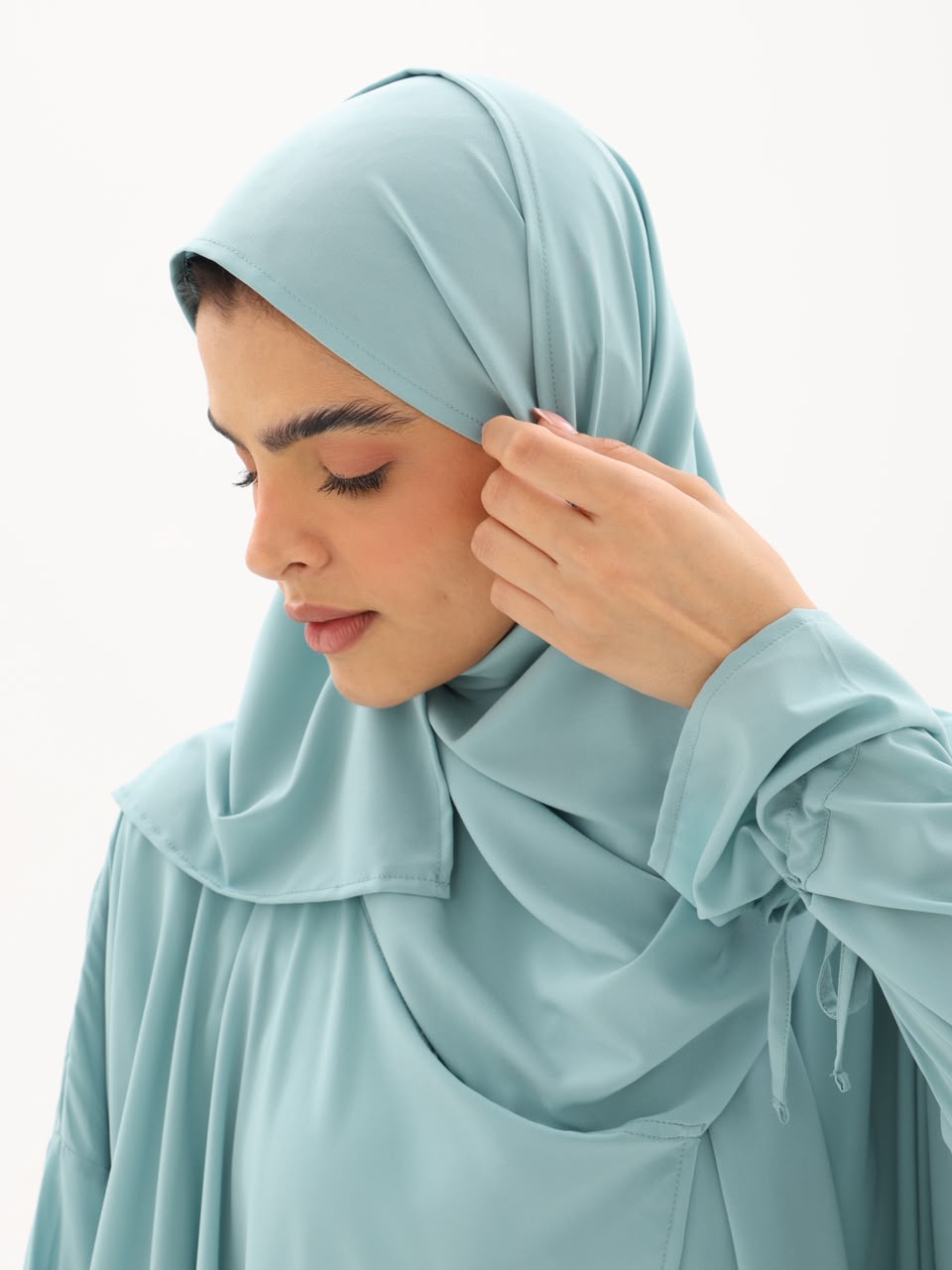 Close-up of the attached hijab in sage