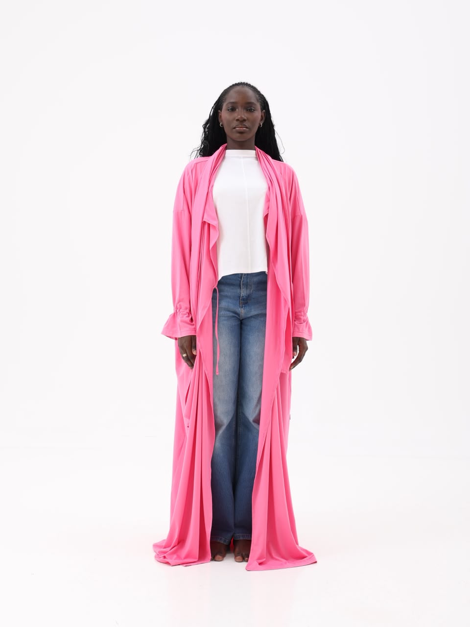 Rose pink open travel robe worn over jeans