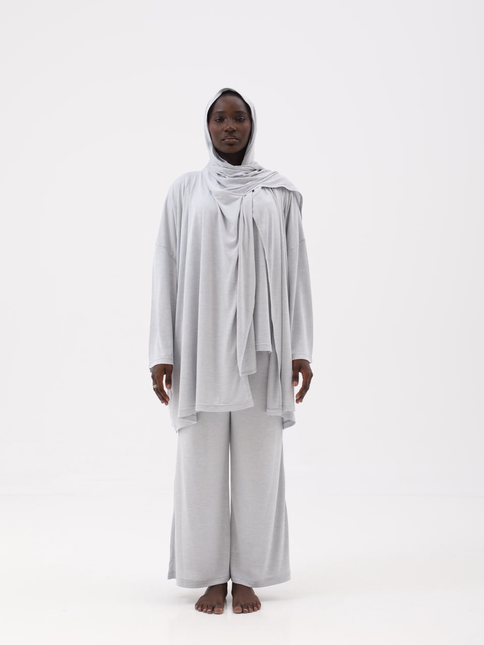 Silver grey prayer set with attached shawl hijab, front view