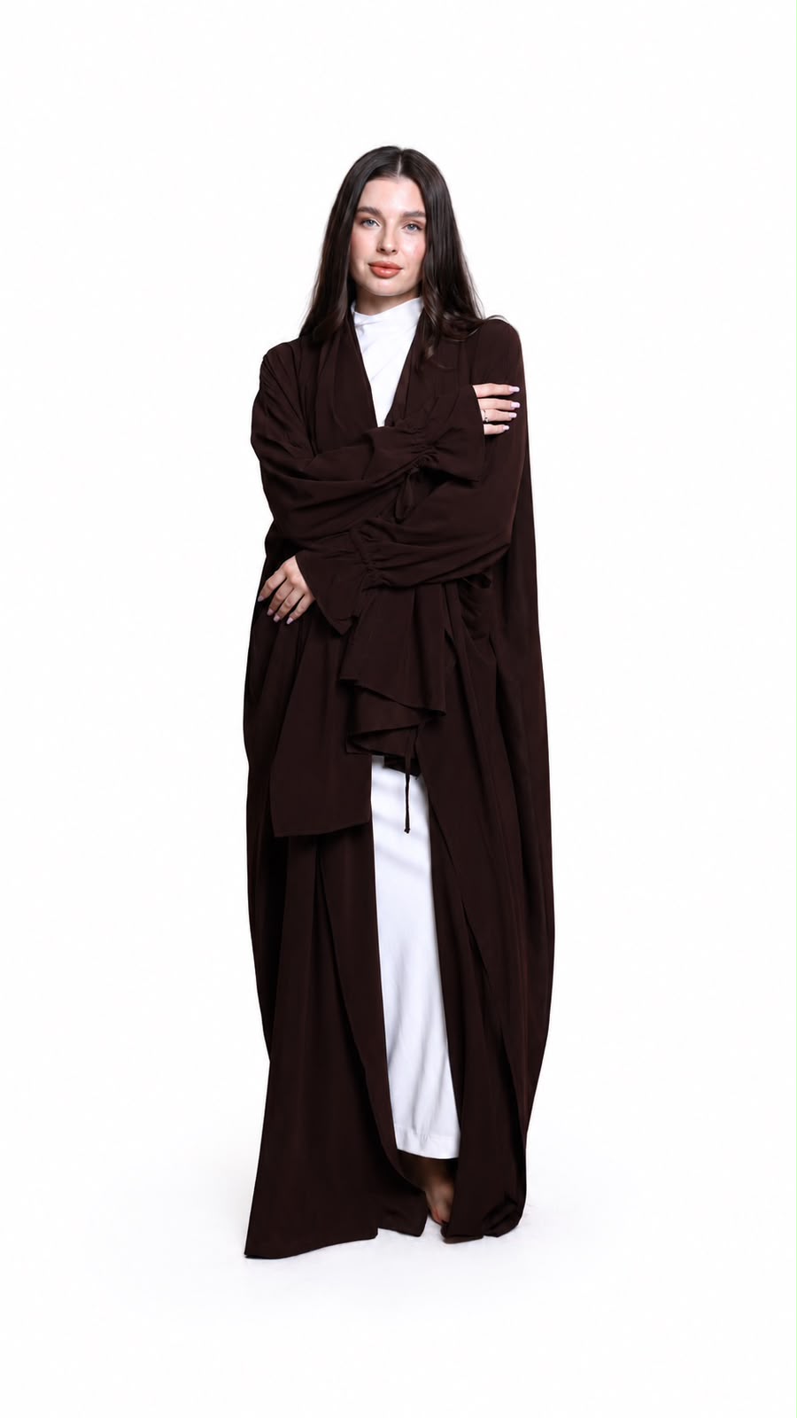 Cocoa brown draped prayer abaya, front view