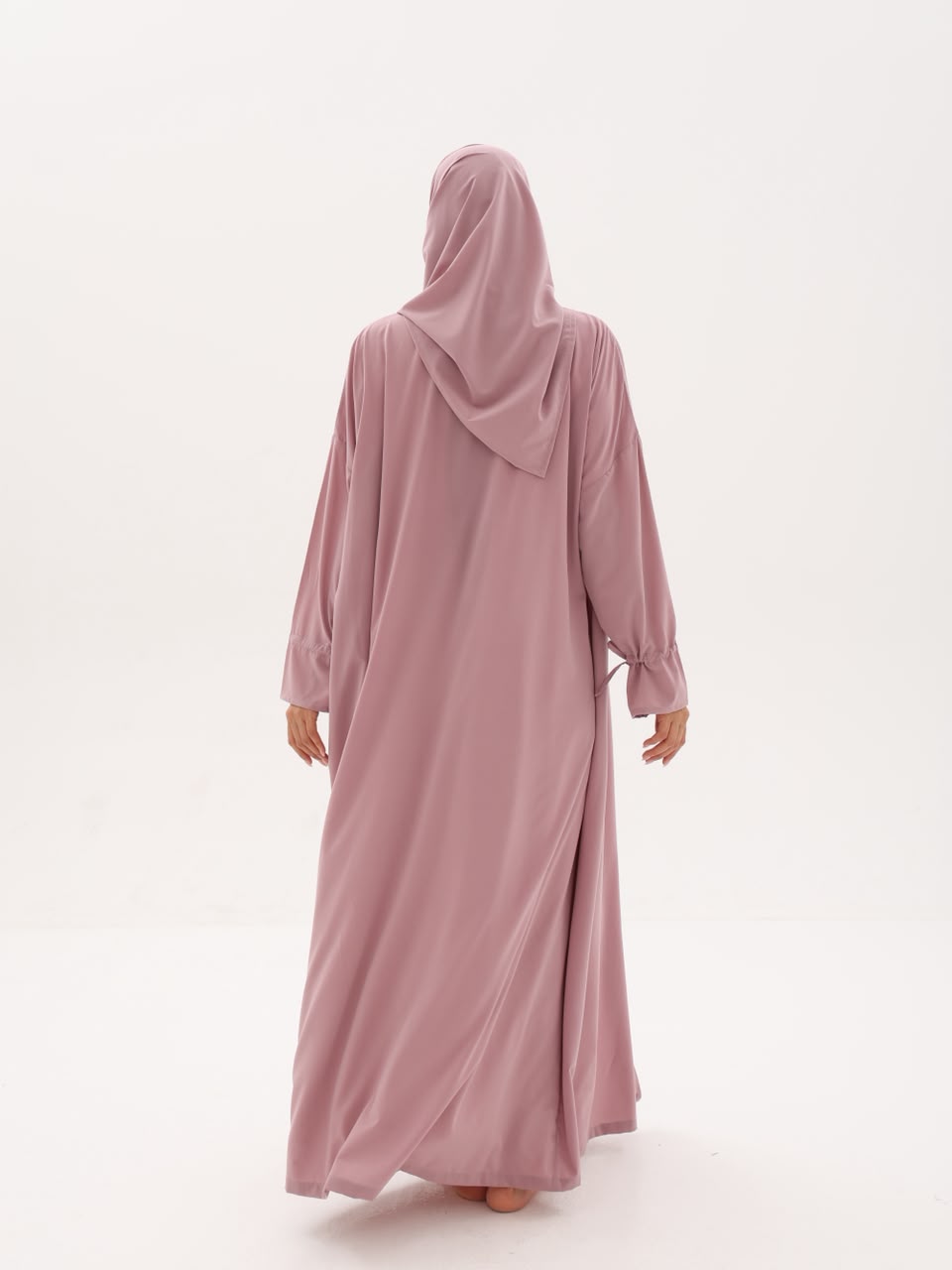 Dusty rose prayer abaya, back view with hood