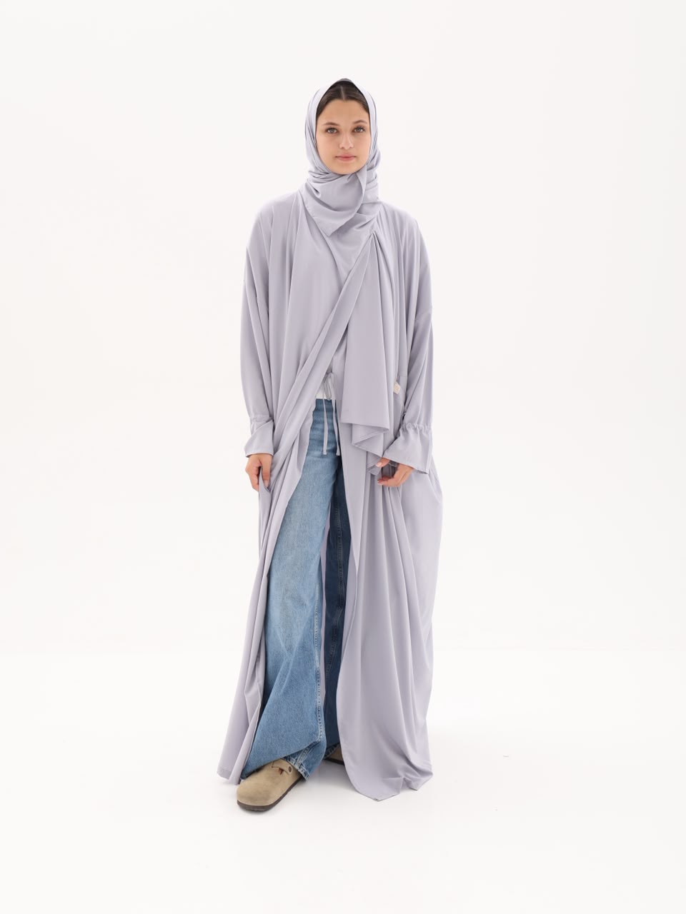 Mist grey prayer abaya with attached hijab