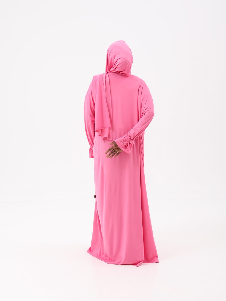 Rose pink hooded prayer dress, back view