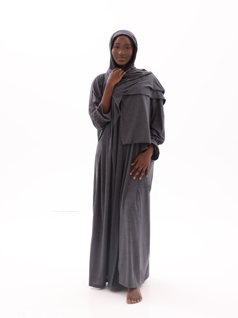 Charcoal hooded prayer set, front view