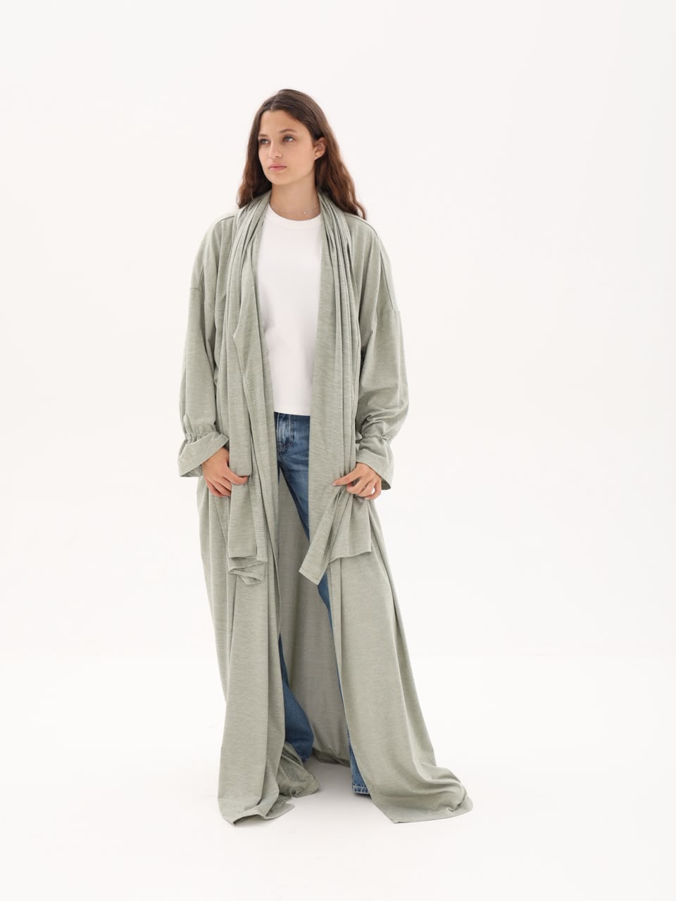 Sage open travel abaya, front view