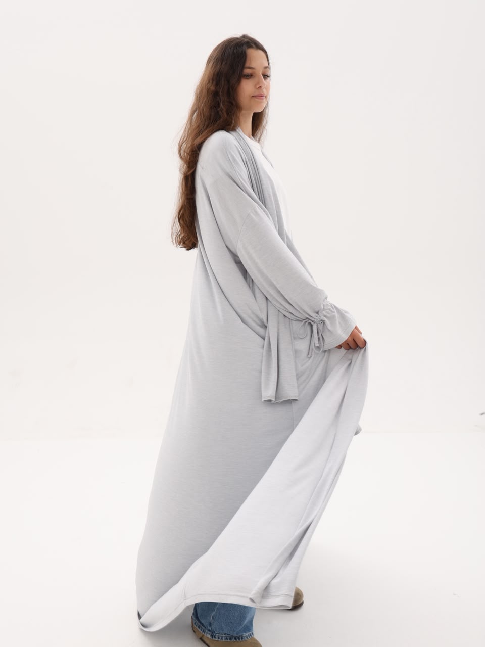 Cloud grey travel robe, side profile