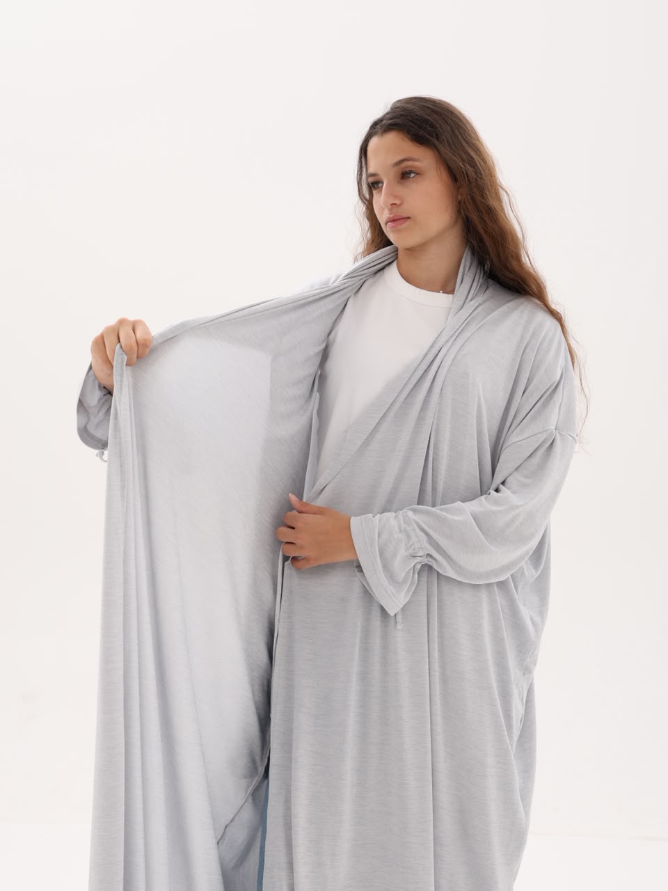 Cloud grey travel robe held open to show the drape
