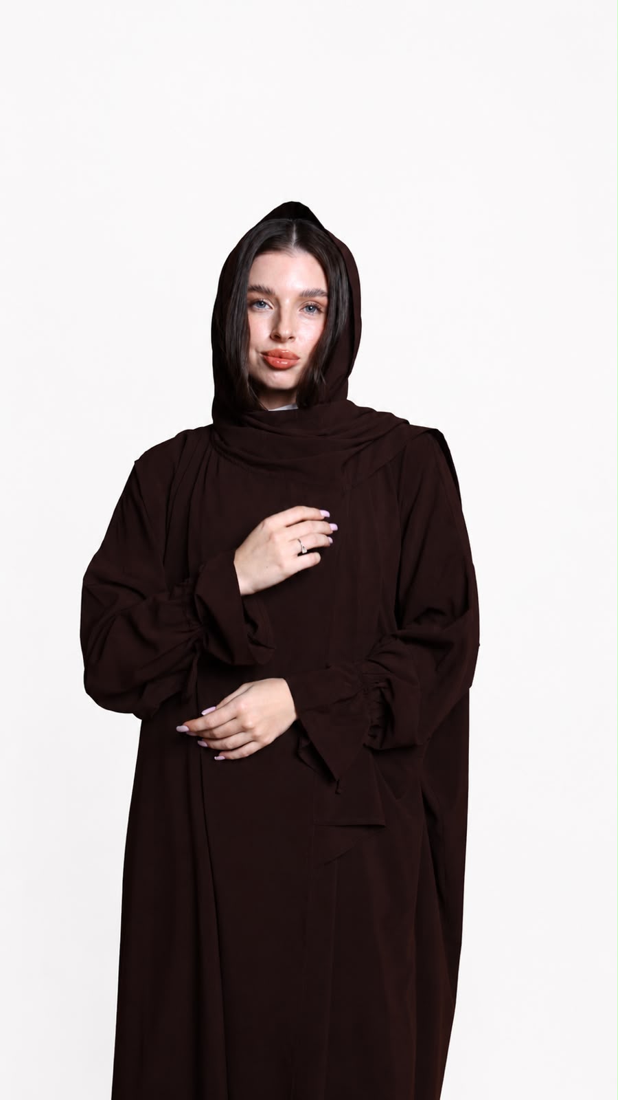 Cocoa brown abaya styled with the matching hooded shawl