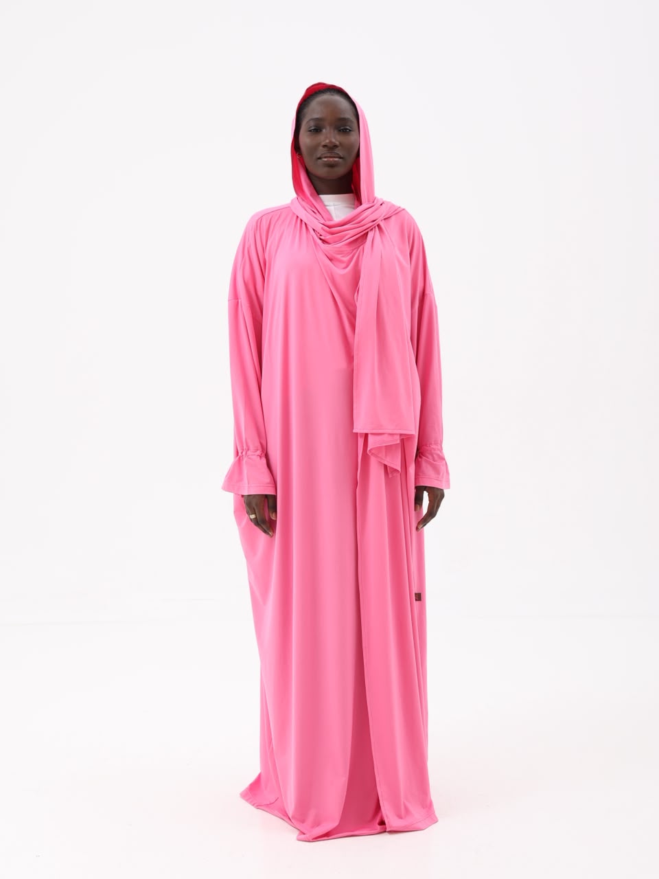 Rose pink hooded prayer dress, front view