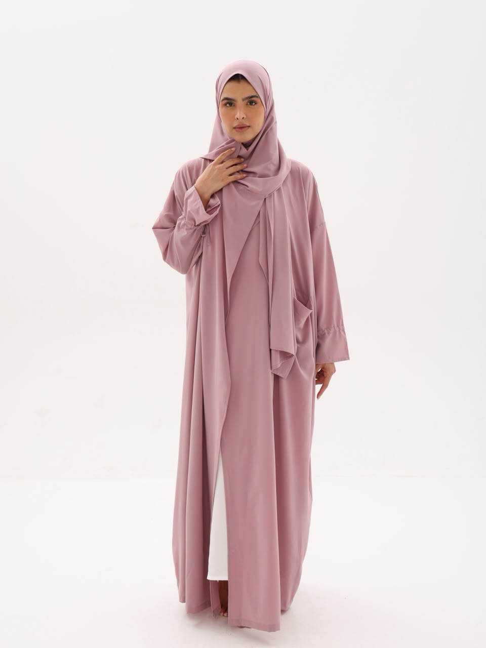 Prayeasy dusty rose prayer abaya with hood, front view
