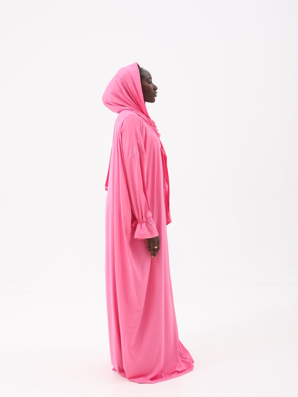 Rose pink hooded prayer dress, side profile