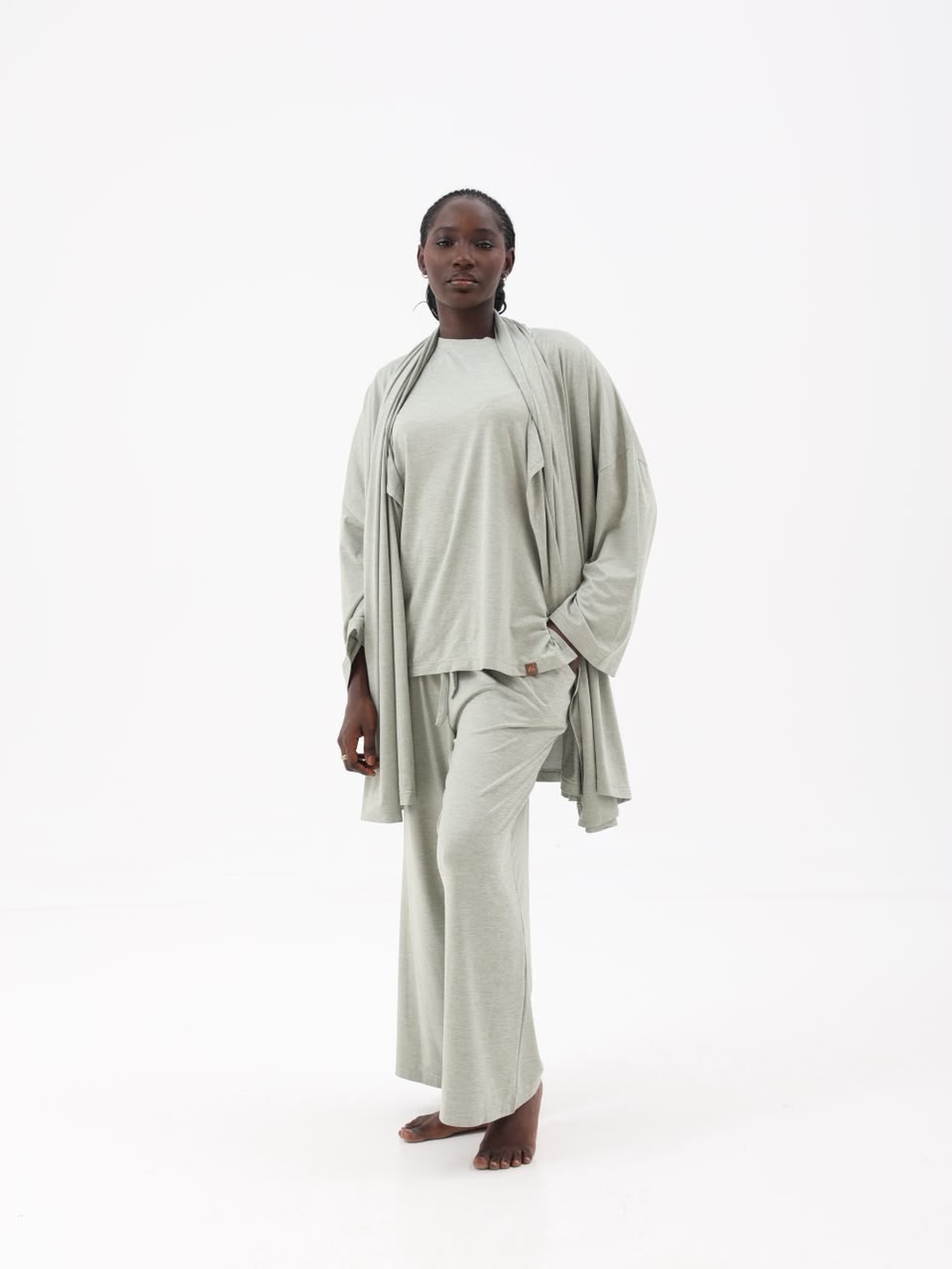 Sage jersey loungewear set with open kimono, front view