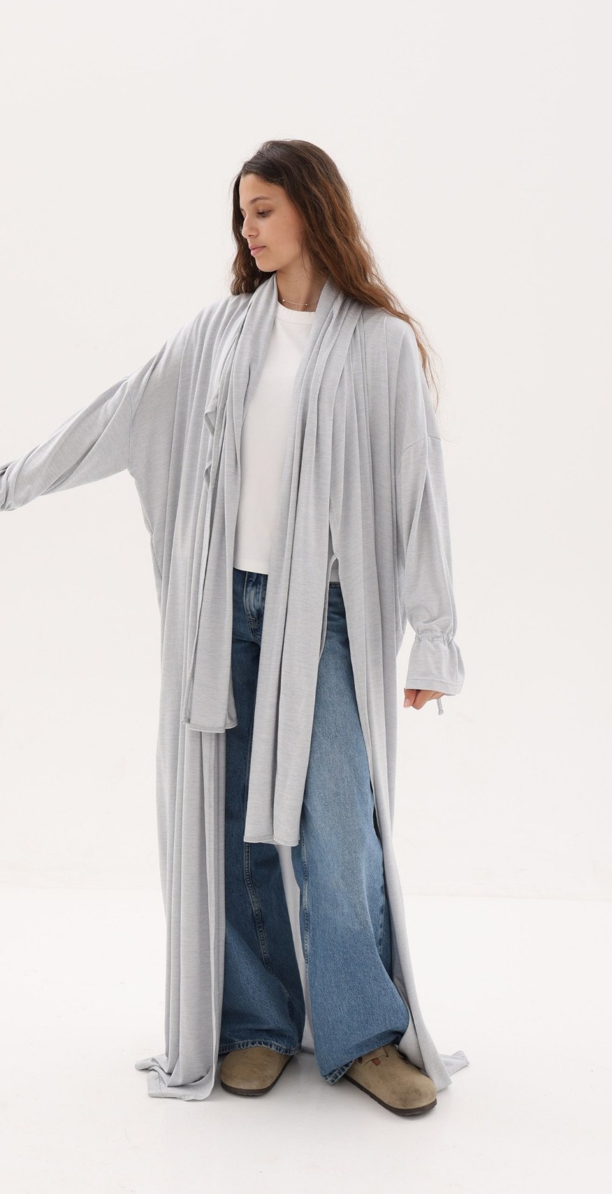 Cloud Knit Hold & Pray abaya in soft grey jersey